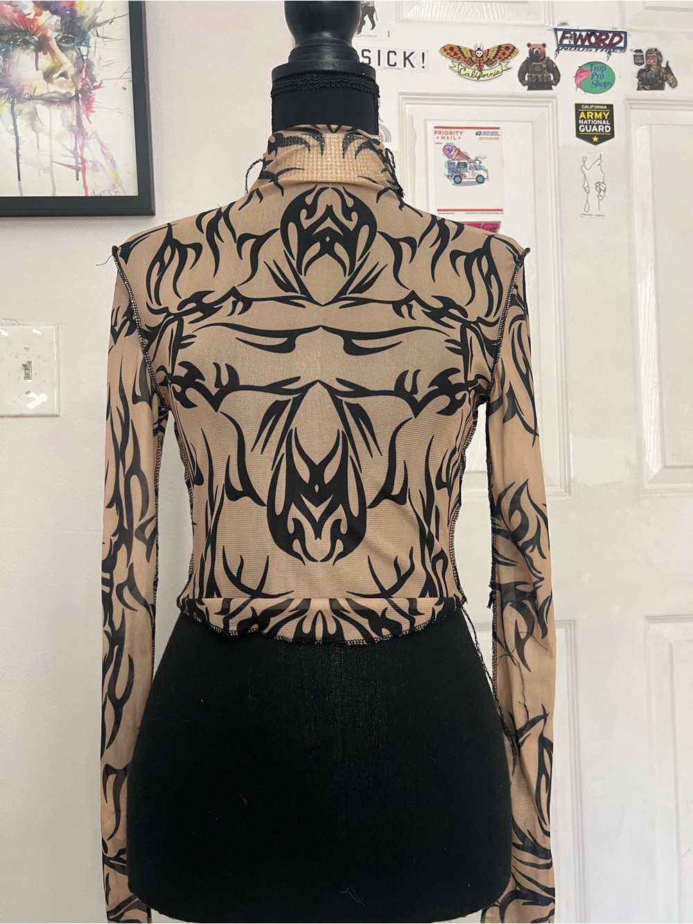 Women's Long Sleeve Mesh Mock Neck Top in Beige and Black - Picture 9 of 9